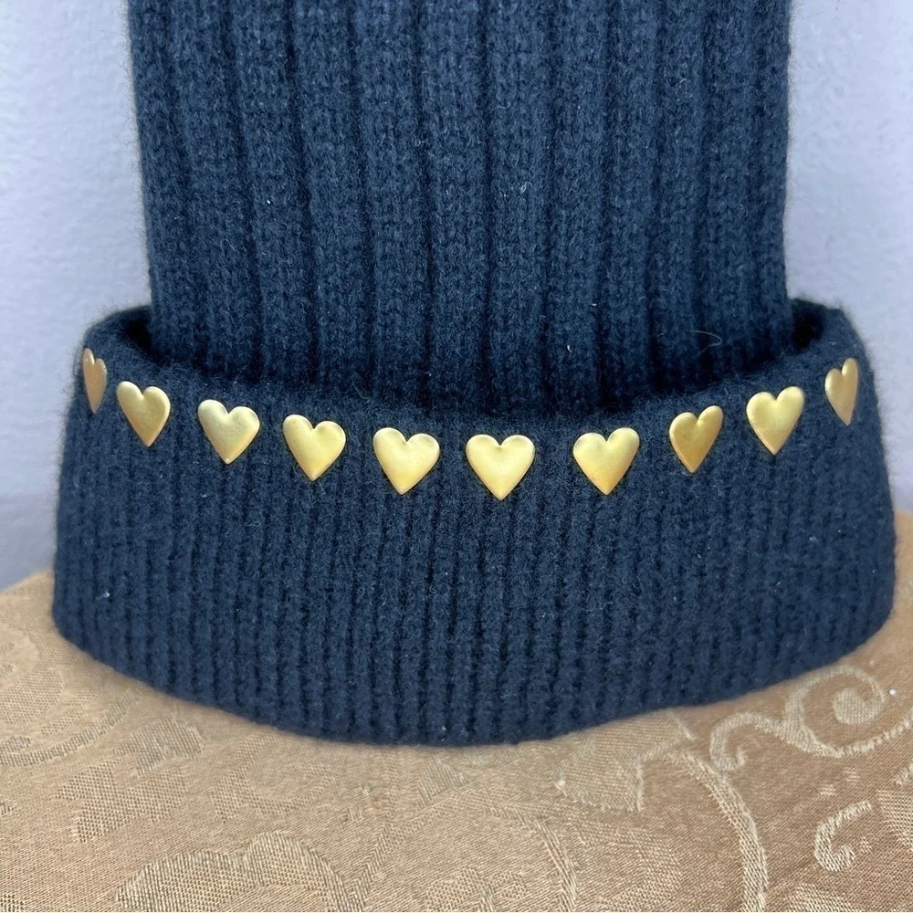 Black Gold Heart Knit Beanie With Pom Pom Adult Goth Kawaii